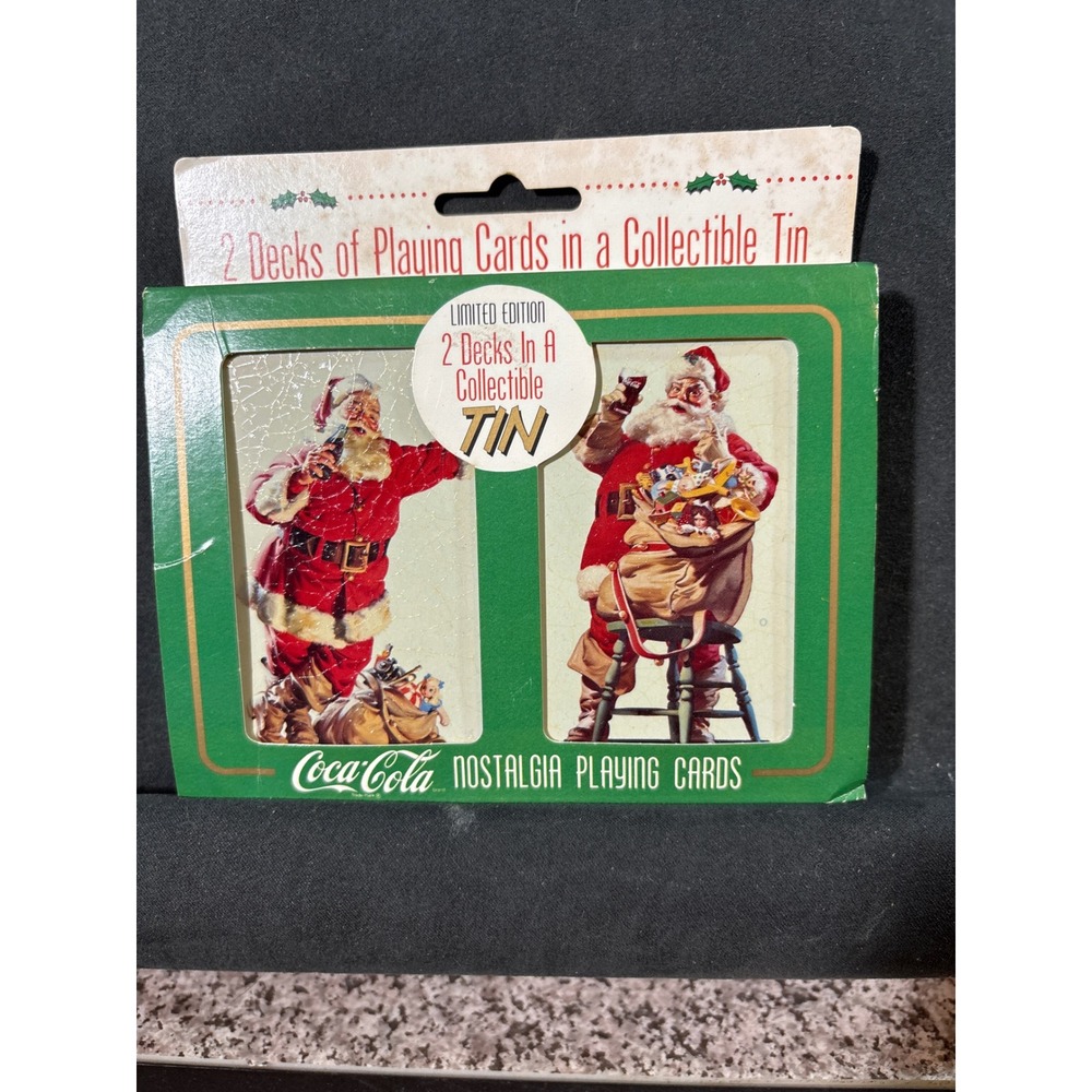 Vintage 1995 Coca-Cola Nostalgia Playing Cards 2 Decks in Collectible Santa Tin